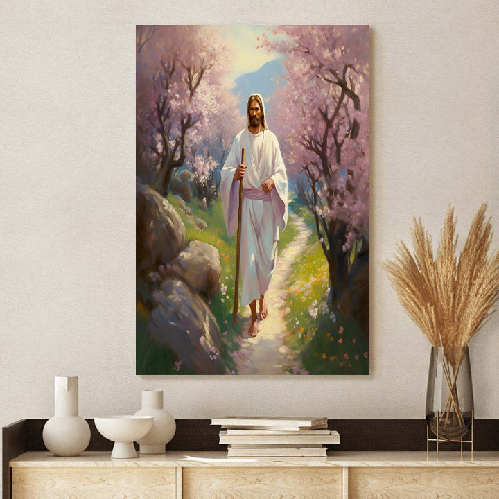 Jesus Walking On A Spring Path With Cherry Blossoms 1 - Jesus Canvas Pictures - Christian Wall Art