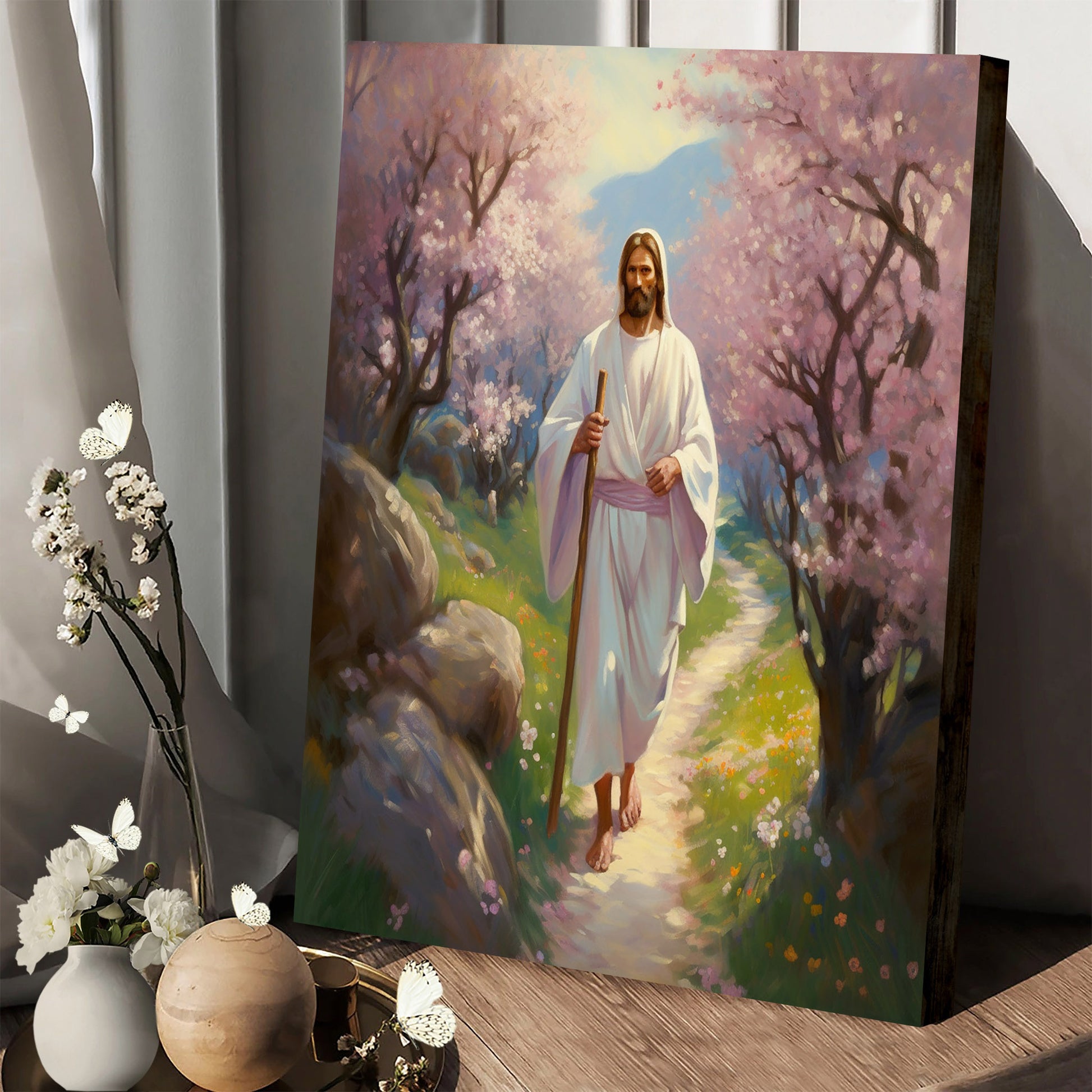 Jesus Walking On A Spring Path With Cherry Blossoms 1 - Jesus Canvas Pictures - Christian Wall Art