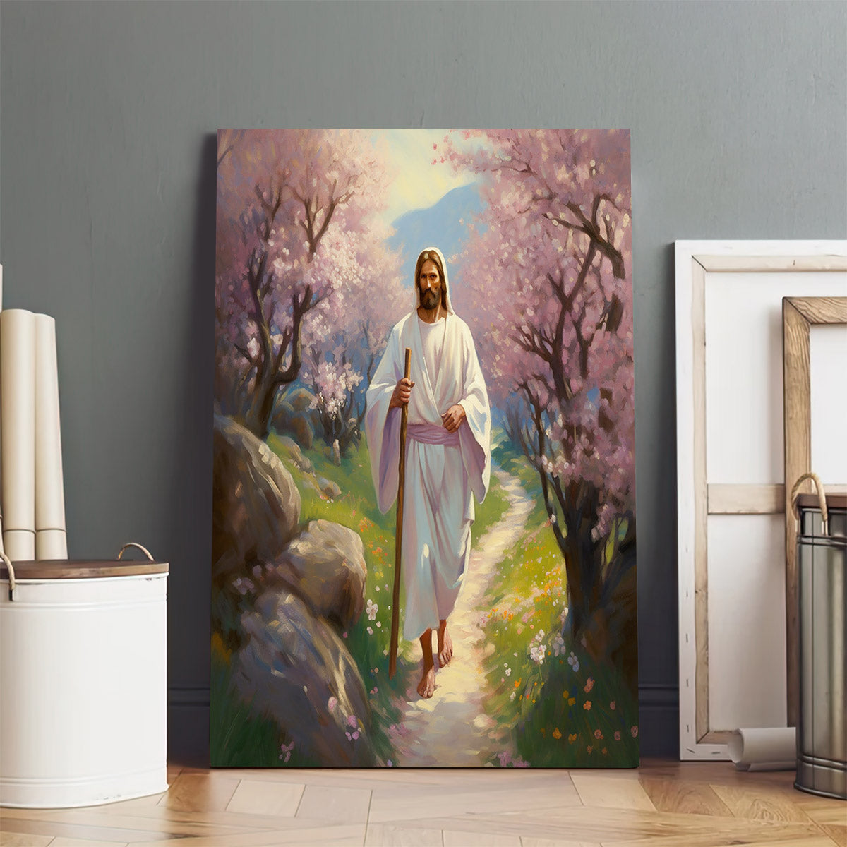 Jesus Walking On A Spring Path With Cherry Blossoms 1 - Jesus Canvas Pictures - Christian Wall Art