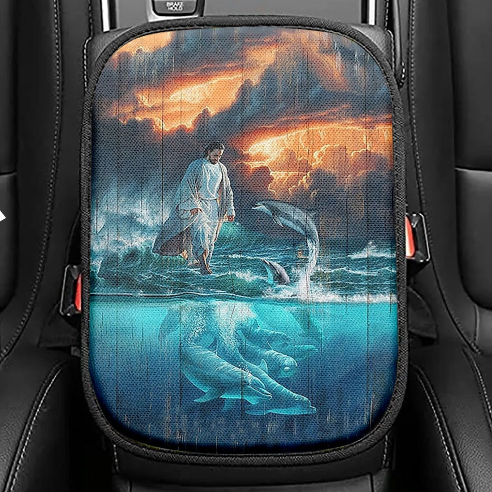 Jesus Walking On The Road To Emmaus Seat Box Cover, Christian Car Center Console Cover, Religious Car Interior Accessories
