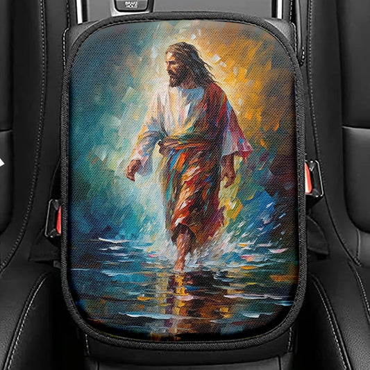 Jesus Walking On The Sea Dolphin Seat Box Cover, Christian Car Center Console Cover, Bible Verse Car Interior Accessories