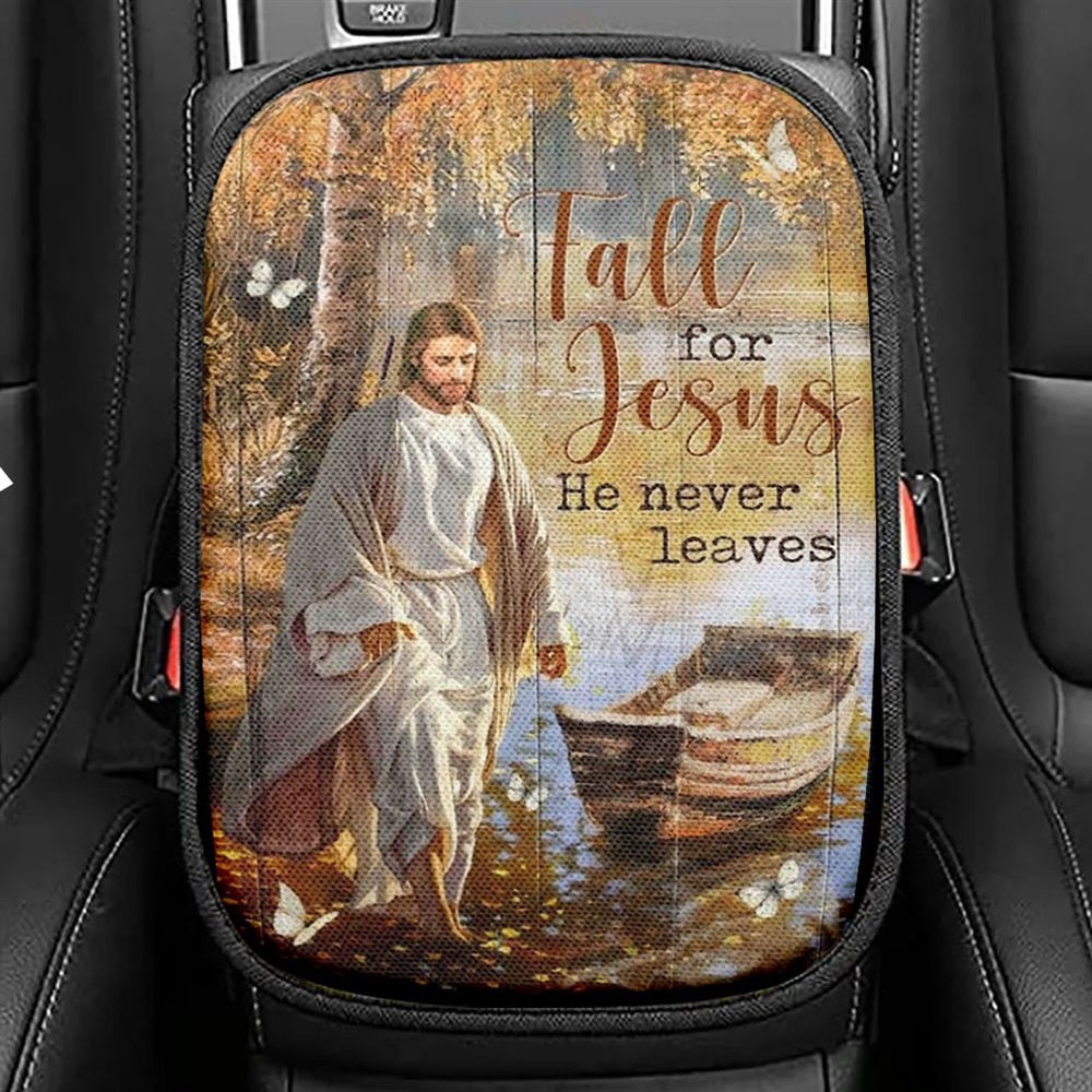 Jesus Walking On The Water, Beautiful Lake, Fall For Jesus Car Center Console Cover, Christian Armrest Seat Cover, Bible Seat Box Cover