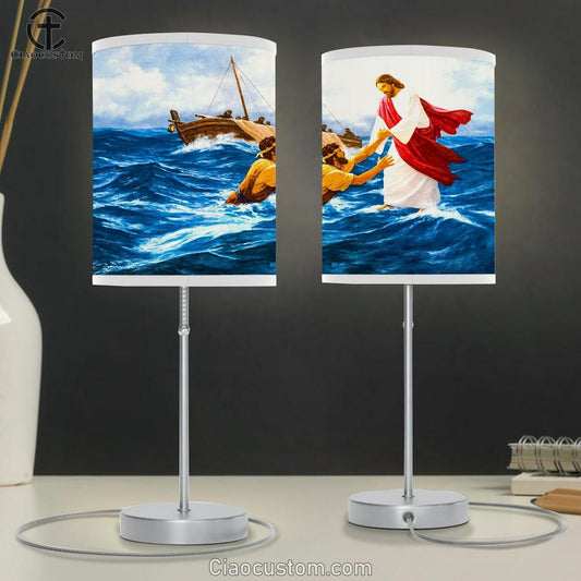 Jesus Walking On The Water Table Lamp Pictures - Faith Art - Christian Table Lamp For Bedroom Decor