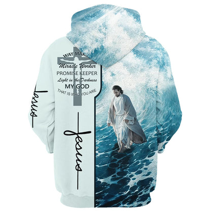 Jesus Walking On Water Hoodies - Waymaker Miracle Worker Promise Keeper Light In The Darkness Hoodie