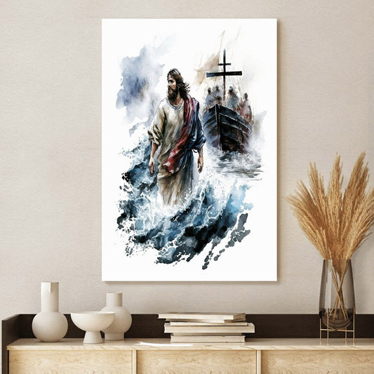 Jesus Walking On Water In Watercolor - Canvas Pictures - Jesus Canvas Art - Christian Wall Art