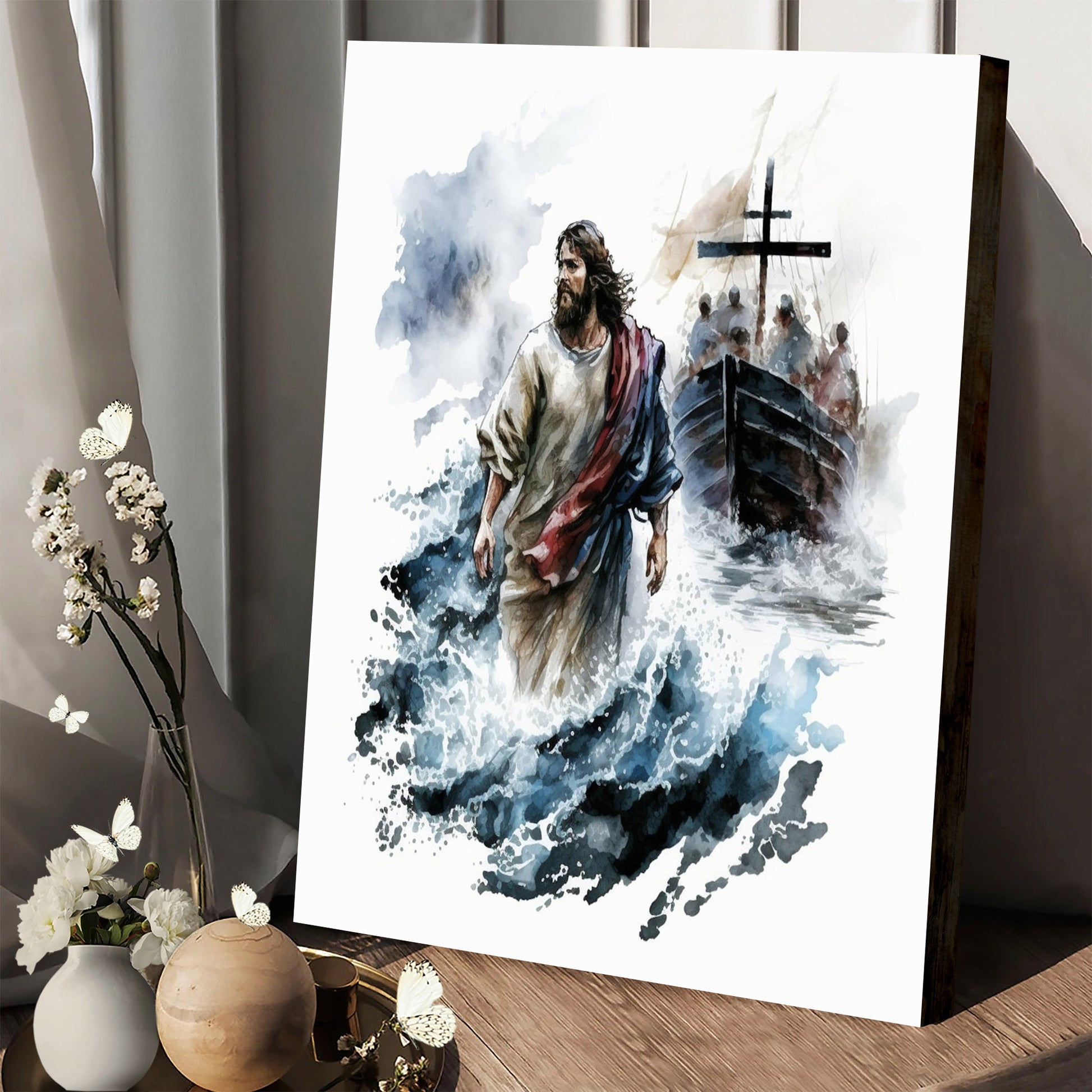 Jesus Walking On Water In Watercolor - Canvas Pictures - Jesus Canvas Art - Christian Wall Art
