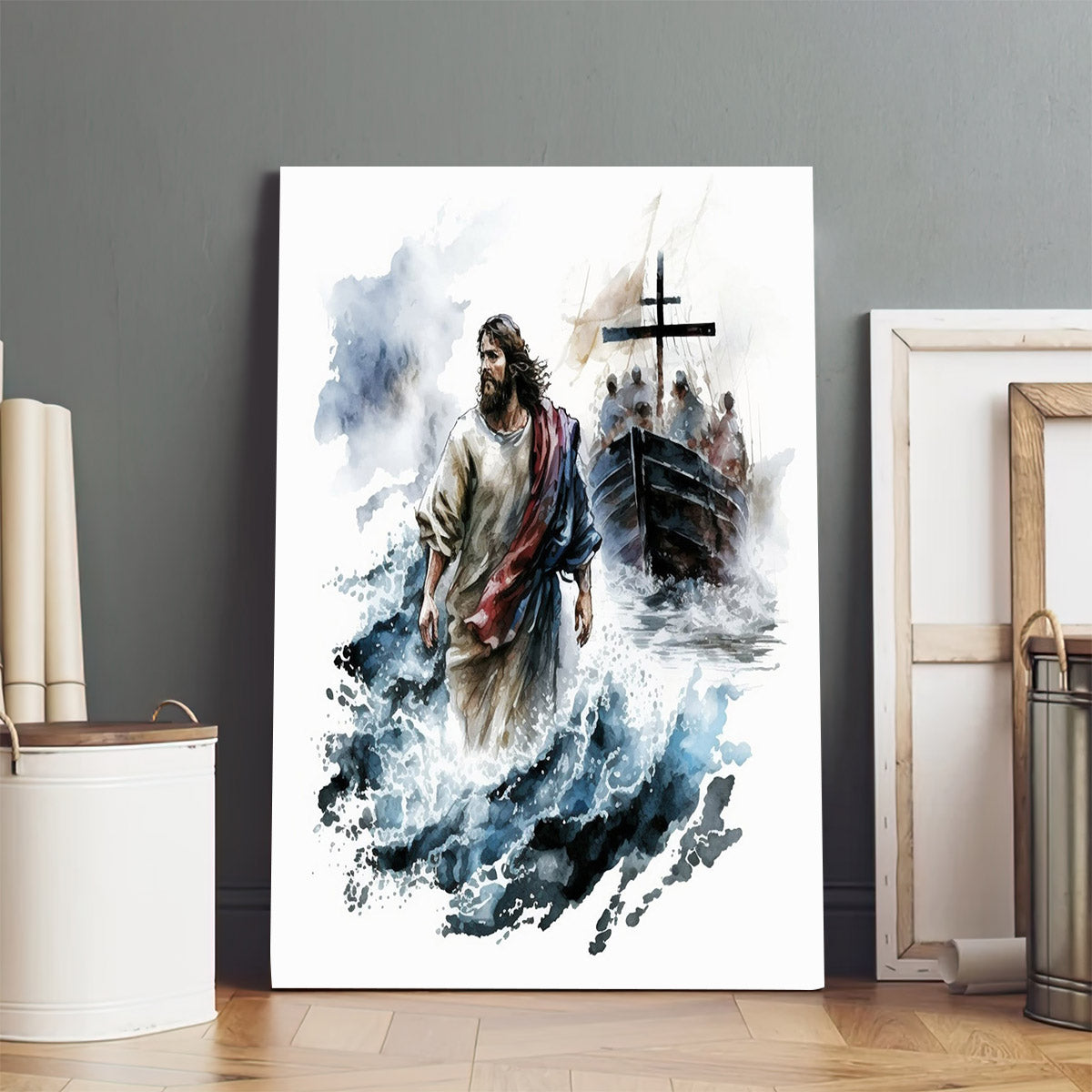Jesus Walking On Water In Watercolor - Canvas Pictures - Jesus Canvas Art - Christian Wall Art