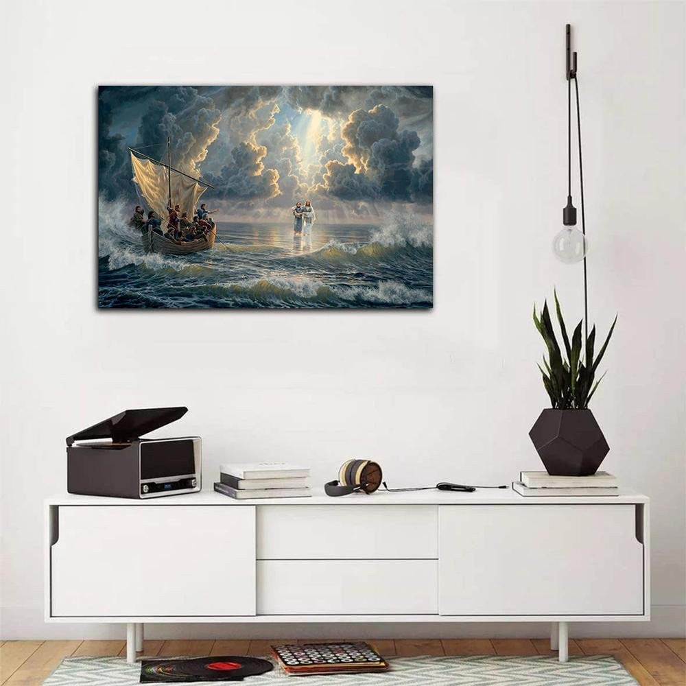 Jesus Walking On Water, Jesus In A Storm Canvas, Jesus Christ Canvas, Christian Wall Art, Easter's Day Wall Art Home Decor - Canvas Decor Ideas