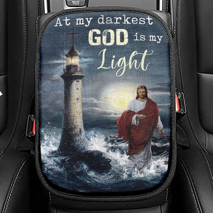 Jesus Walking On Water Lighthouse At My Darkest God Is My Light Car Center Console Cover, Christian Armrest Seat Cover, Bible Seat Box Cover