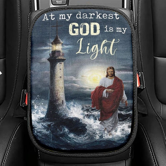 Jesus Walking On Water Lighthouse At My Darkest God Is My Light Car Center Console Cover, Christian Armrest Seat Cover, Bible Seat Box Cover