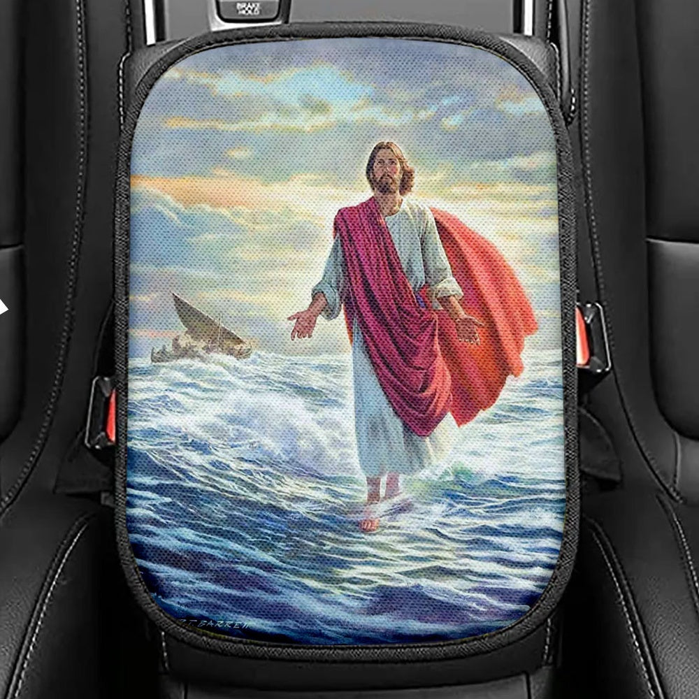 Jesus Walking On Water Seat Box Cover, Jesus Car Center Console Cover, Bible Verse Car Interior Accessories