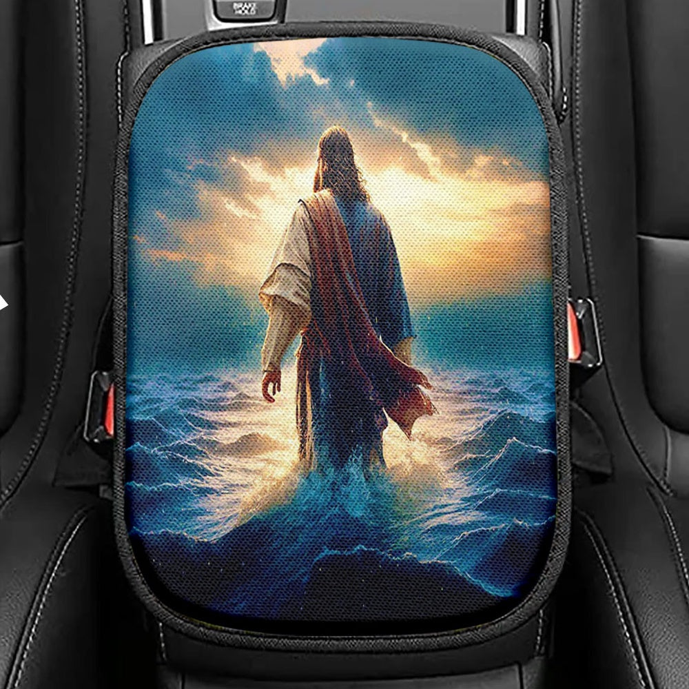 Jesus Walking On Water Seat Box Cover, Jesus Car Center Console Cover, Christian Car Interior Accessories