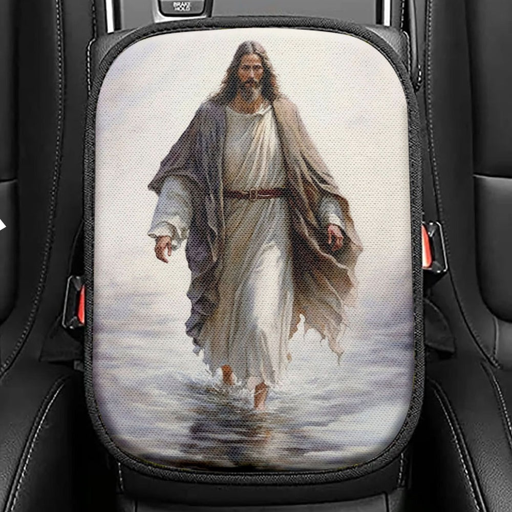 Jesus Walking On Water Seat Box Cover, Jesus Car Center Console Covers, Christian Car Interior Accessories