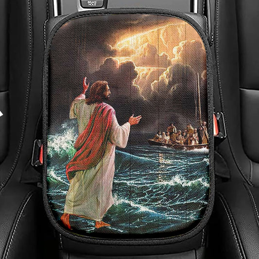 Jesus Walking On Water Seat Box Cover, Jesus Portrait Car Center Console Cover, Christian Car Interior Accessories