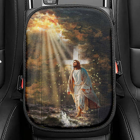 Jesus Walking On Water Seat Box Cover, Religious Car Center Console Cover, Christian Car Interior Accessories