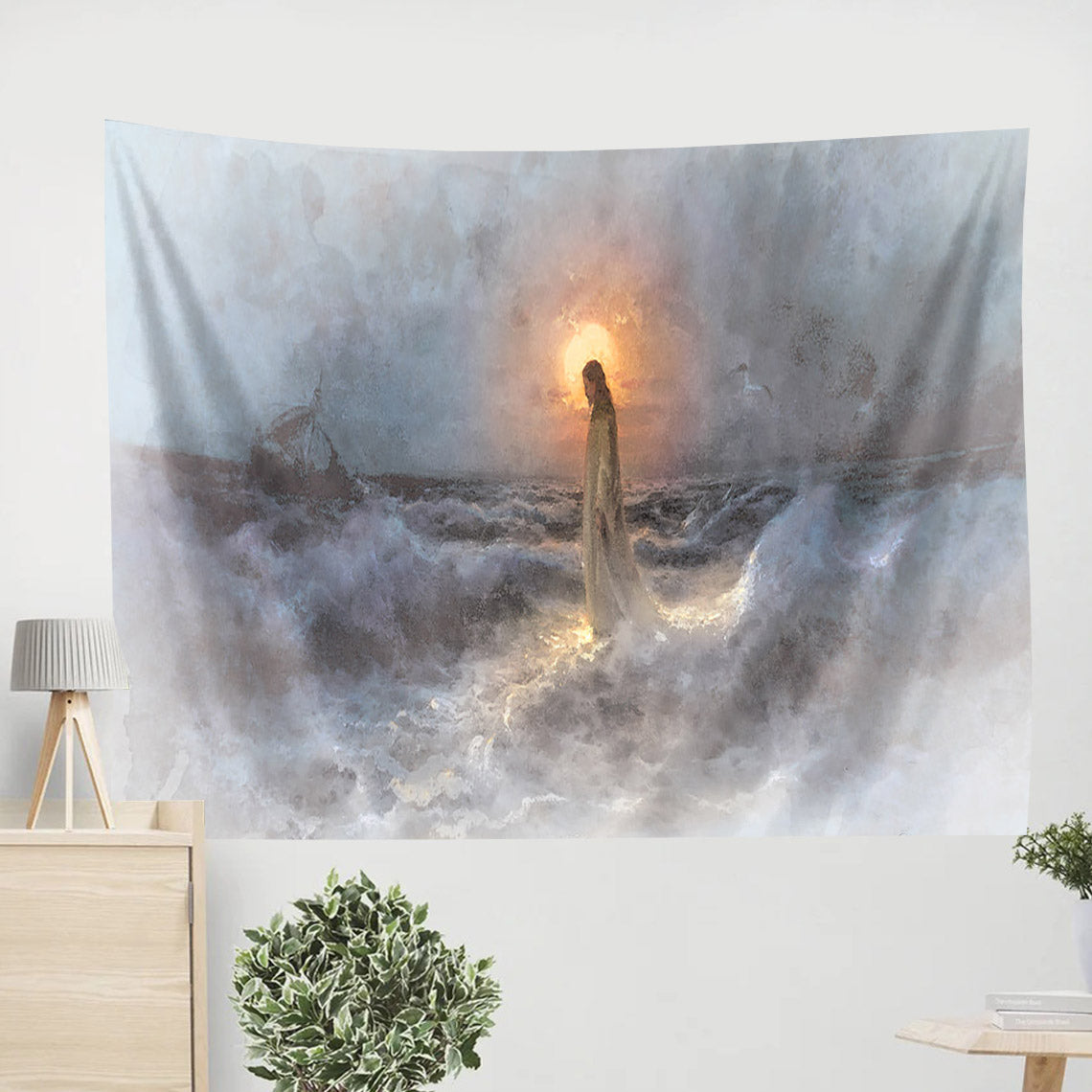 Jesus Walking On Water Tapestry - Christ Walking on Water Tapestry Christian - Jesus Pictures - Christian Wall Tapestry