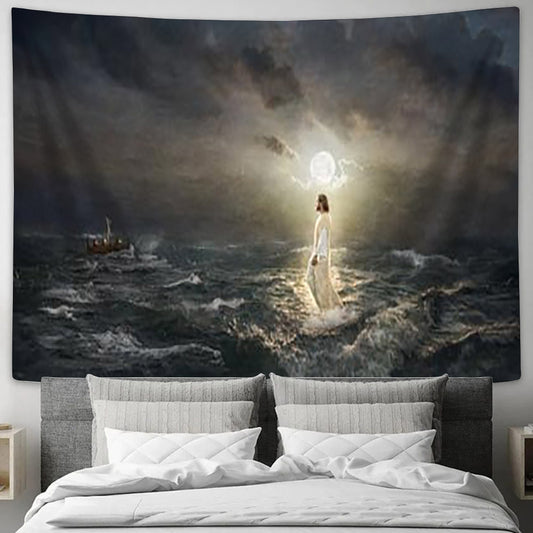 Jesus Walking On Water Tapestry - To the Rescue Tapestry Christian - Jesus Pictures - Christian Wall Tapestry