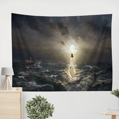 Jesus Walking On Water Tapestry - To the Rescue Tapestry Christian - Jesus Pictures - Christian Wall Tapestry
