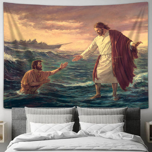 Jesus Walking On Water Tapestry - Wherefore Didst Thou Doubt Tapestry Christian - Jesus Pictures - Christian Wall Tapestry