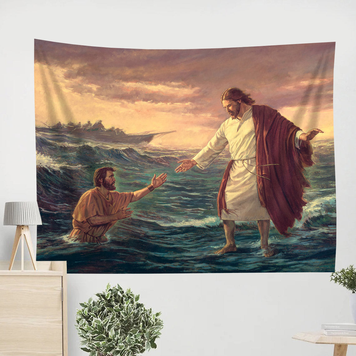 Jesus Walking On Water Tapestry - Wherefore Didst Thou Doubt Tapestry Christian - Jesus Pictures - Christian Wall Tapestry