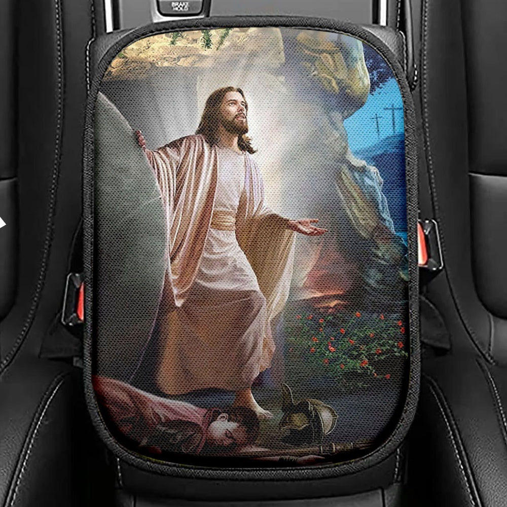 Jesus Walking On Water Yellow Butterfly Seat Box Cover, Christian Car Center Console Cover, Bible Verse Car Interior Accessories