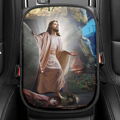 Jesus Walking On Water Yellow Butterfly Seat Box Cover, Christian Car Center Console Cover, Bible Verse Car Interior Accessories