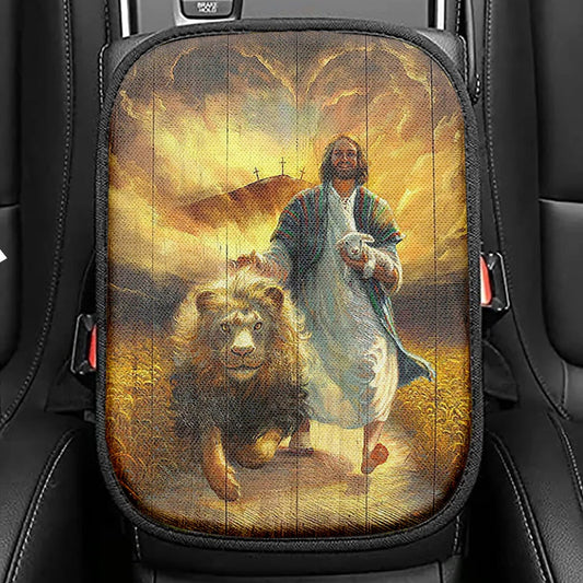 Jesus Walking Through The Sea Seat Box Cover, Christian Car Center Console Cover, Jesus Car Interior Accessories