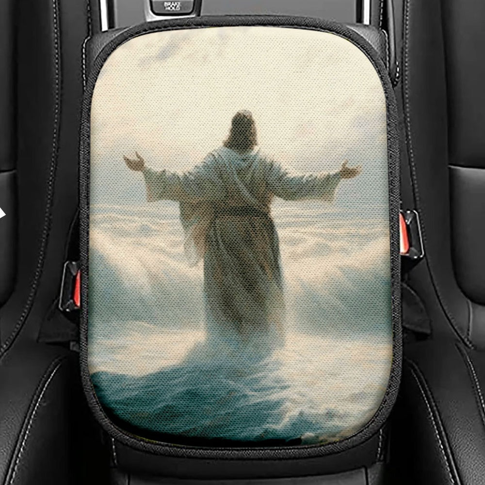 Jesus Walking Through The Sea Seat Box Cover, Christian Car Center Console Cover, Jesus Interior Car Accessories