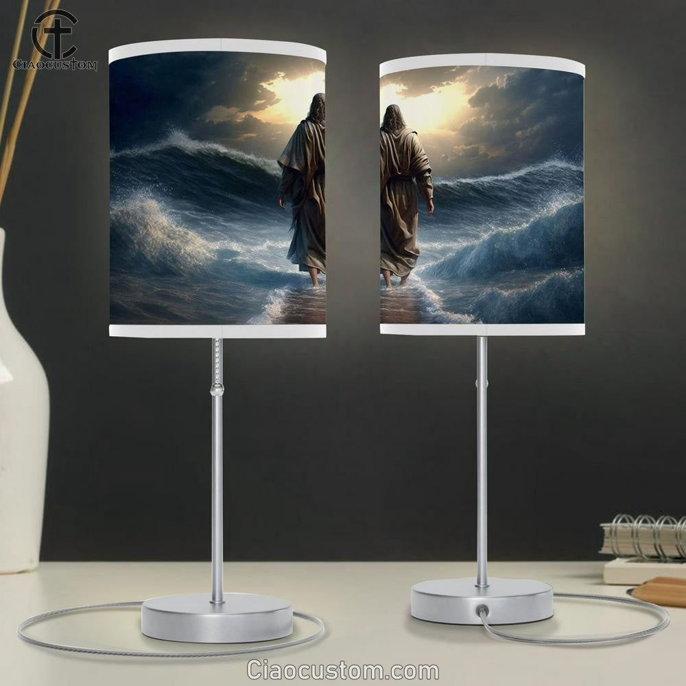 Jesus Walking Water 1 Table Lamp Pictures - Faith Art - Christian Table Lamp For Bedroom Decor