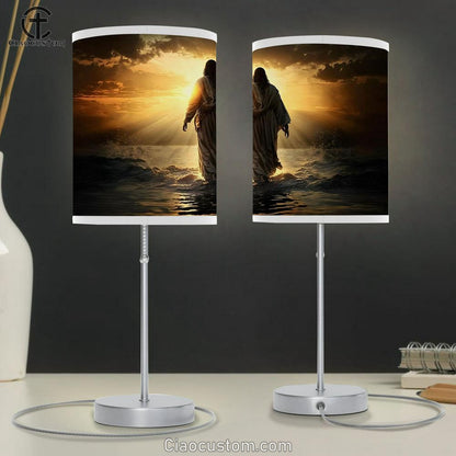 Jesus Walking Water Sunset Table Lamp Pictures - Faith Art - Christian Table Lamp For Bedroom Decor