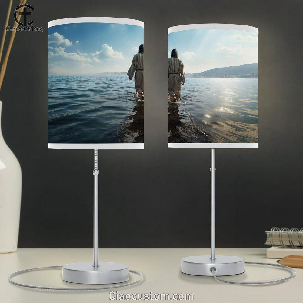 Jesus Walking Water With Sun Shining Him Table Lamp Pictures - Faith Art - Christian Table Lamp For Bedroom Decor