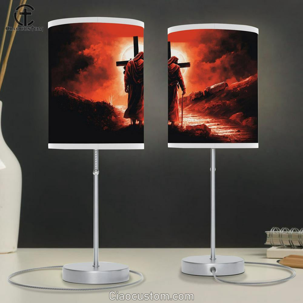 Jesus Walking With Cross Table Lamp Pictures - Faith Art - Christian Table Lamp For Bedroom Decor
