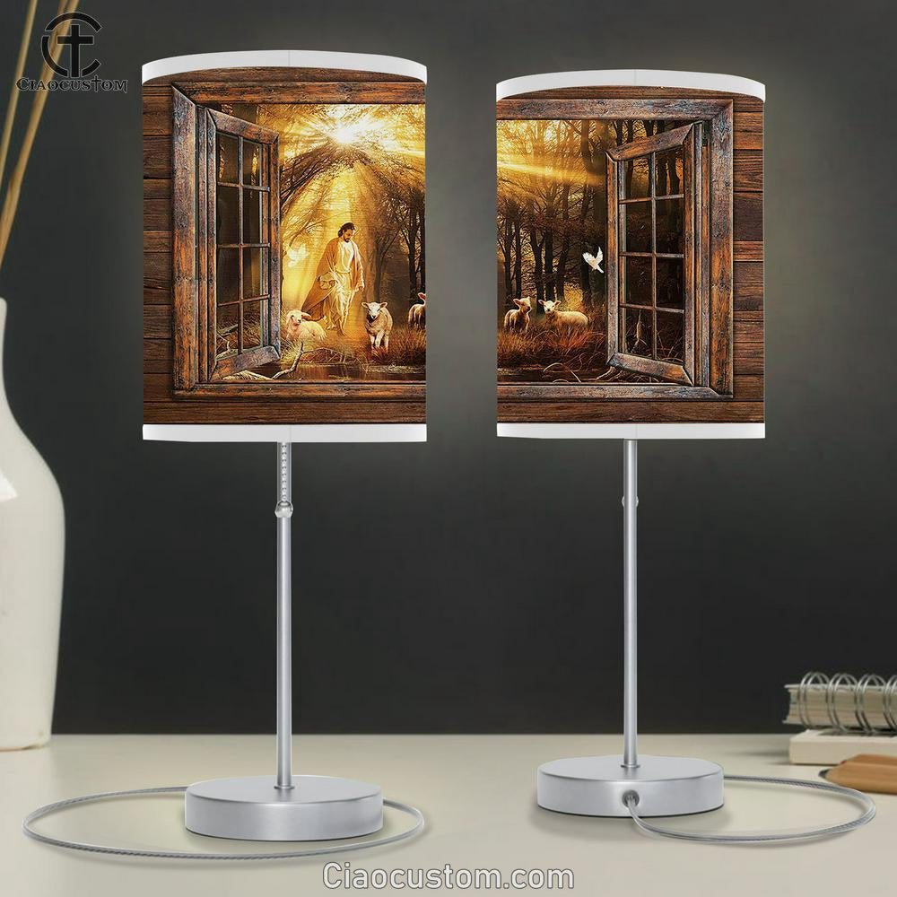 Jesus Walking With Lambs Into The Beautiful Forest Table Lamp Art - Christian Lamp Art Decor - Bible Verse Table Lamp