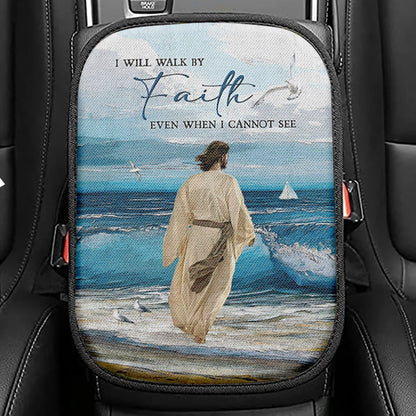 Jesus Walking With The Lambs In Forest Seat Box Cover, Christian Car Center Console Cover, Bible Verse Car Interior Accessories