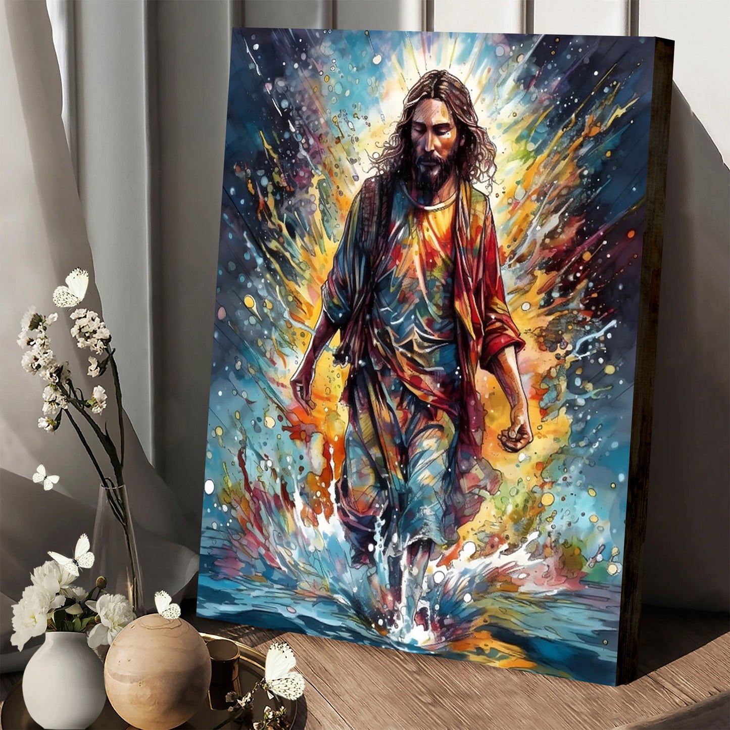 Jesus Walking on Water Digital Watercolor Art Print Savior - Jesus Canvas Art - Christian Wall Canvas
