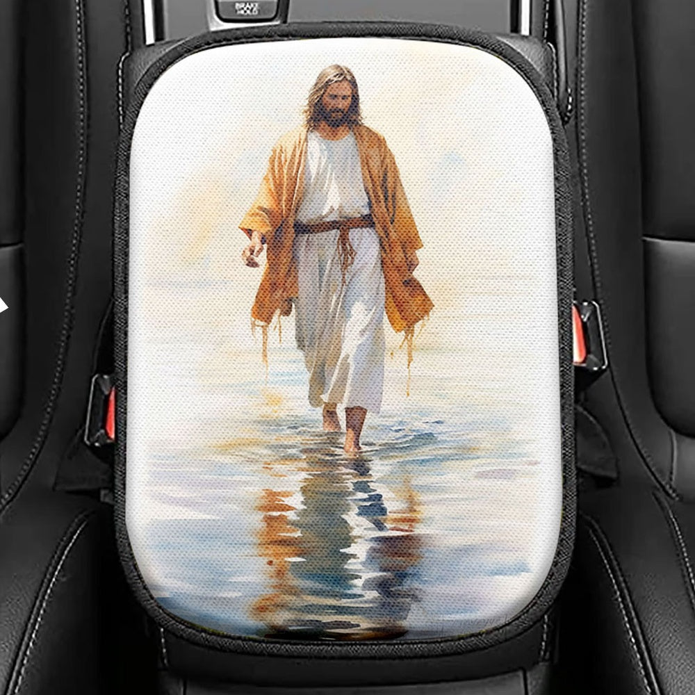 Jesus Walks On The Sea Seat Box Cover, Jesus Car Center Console Cover, Christian Car Interior Accessories