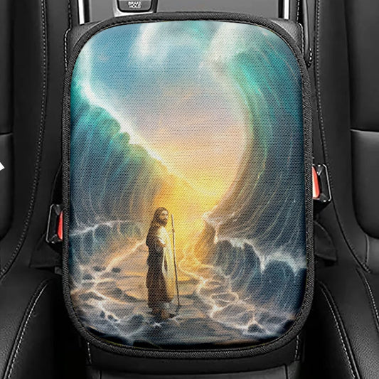 Jesus Walks On The Water Oil Painting Seat Box Cover, Jesus Car Center Console Cover, Christian Car Interior Accessories
