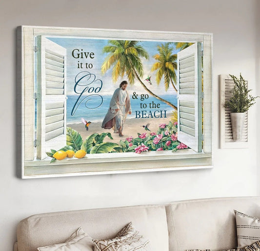 Jesus Walks Sand Beach Palm Trees Give It To God And Go To The Beach Canvas Wall Art - Jesus Canvas Pictures - Christian Wall Posters