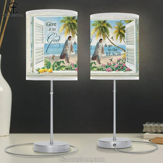 Jesus Walks, Sand Beach, Palm Trees, Give It To God And Go To The Beach Table Lamp