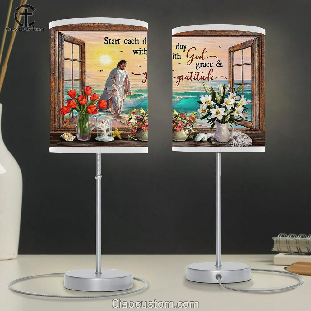 Jesus Walks Start Each Day With God Grace & Gratitude Table Lamp For Bedroom - Bible Verse Table Lamp - Religious Room Decor