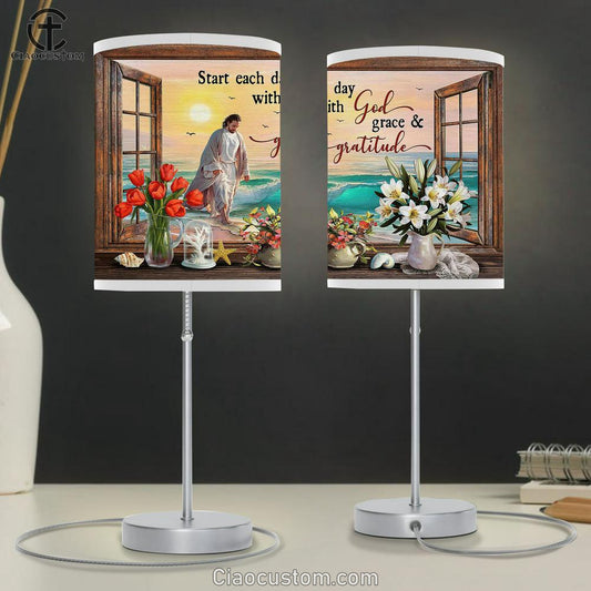 Jesus Walks Start Each Day With God Grace & Gratitude Table Lamp For Bedroom - Bible Verse Table Lamp - Religious Room Decor