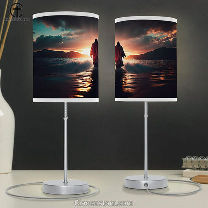 Jesus Walks Water Against Beautiful Sunset Table Lamp Pictures - Faith Art - Christian Table Lamp For Bedroom Decor
