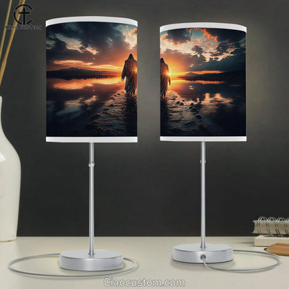 Jesus Walks Water Sunset Table Lamp Pictures - Faith Art - Christian Table Lamp For Bedroom Decor