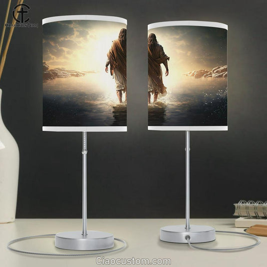 Jesus Walks Water Table Lamp Pictures - Faith Art - Christian Table Lamp For Bedroom Decor
