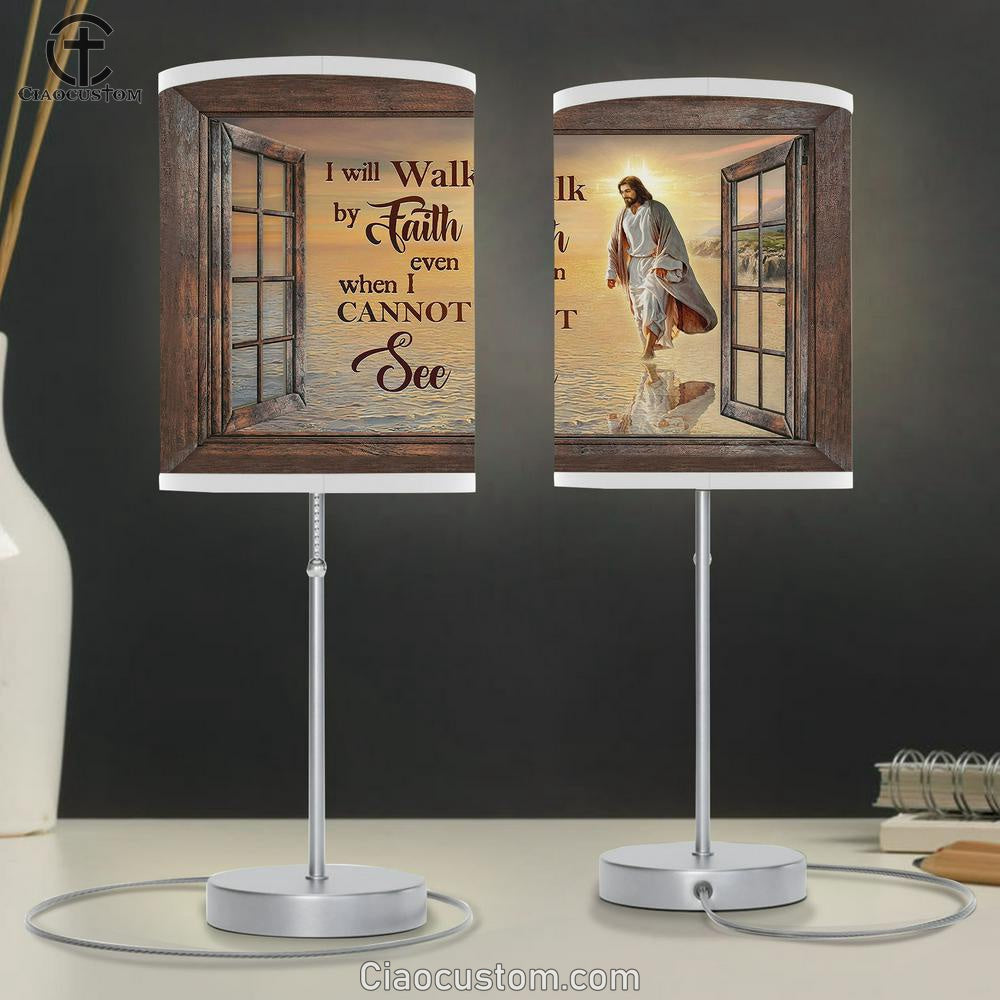 Jesus Walks on beach Table Lamp - I will walk by faith Table Lamp For Bedroom - Bible Verse Table Lamp - Religious Room Decor