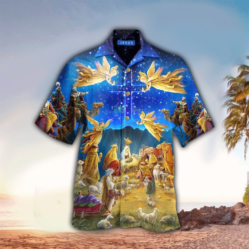 Jesus Was Born Holy Night Angel Hawaiian Shirt - Christian Hawaiian Shirts For Men & Women