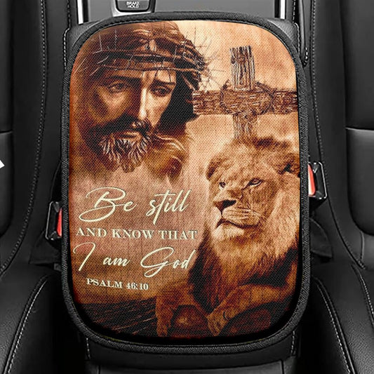 Jesus, Watercolor Lion, Crown Of Thorn, Be Still And Know That I Am God Car Center Console Cover, Christian Armrest Seat Cover, Bible Seat Box Cover