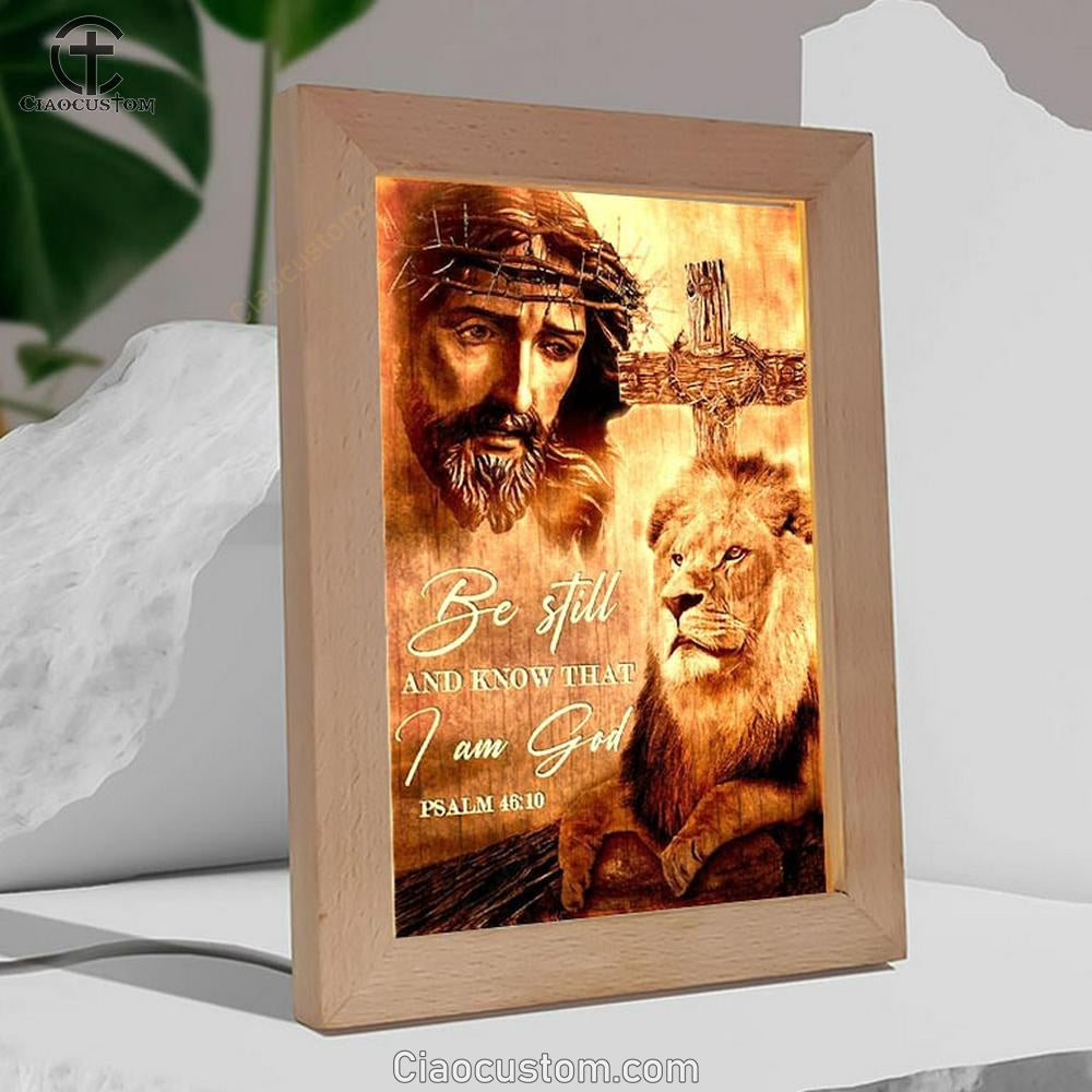 Jesus, Watercolor Lion, Crown Of Thorn, Be Still And Know That I Am God Frame Lamp