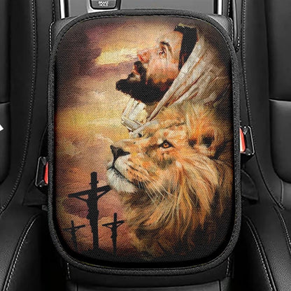 Jesus Watercolor Lion Jesus On The Cross Car Center Console Cover, Christian Armrest Seat Cover, Bible Seat Box Cover