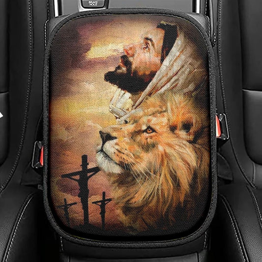 Jesus Watercolor Lion Jesus On The Cross Car Center Console Cover, Christian Armrest Seat Cover, Bible Seat Box Cover